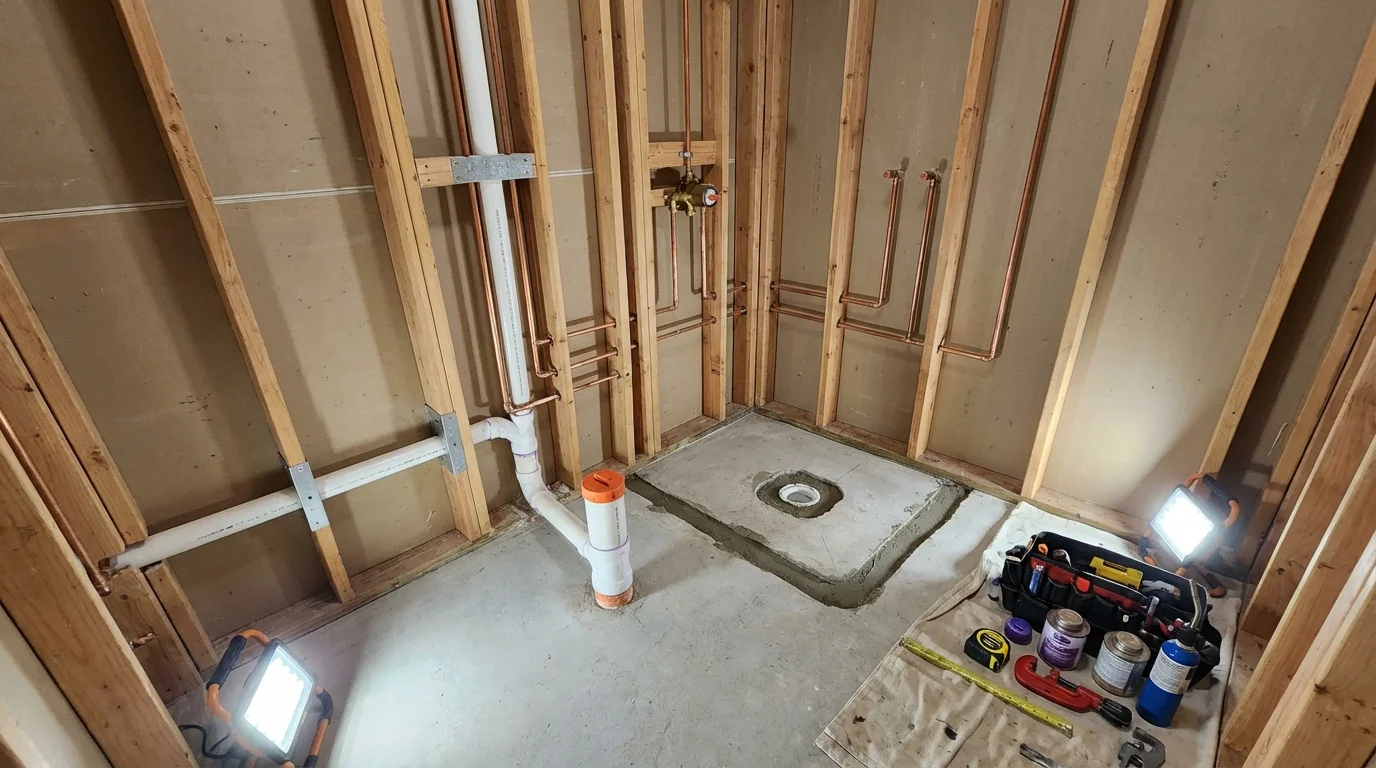 Bathroom rough-in plumbing during remodel by Johns Plumbing LLC in Basin