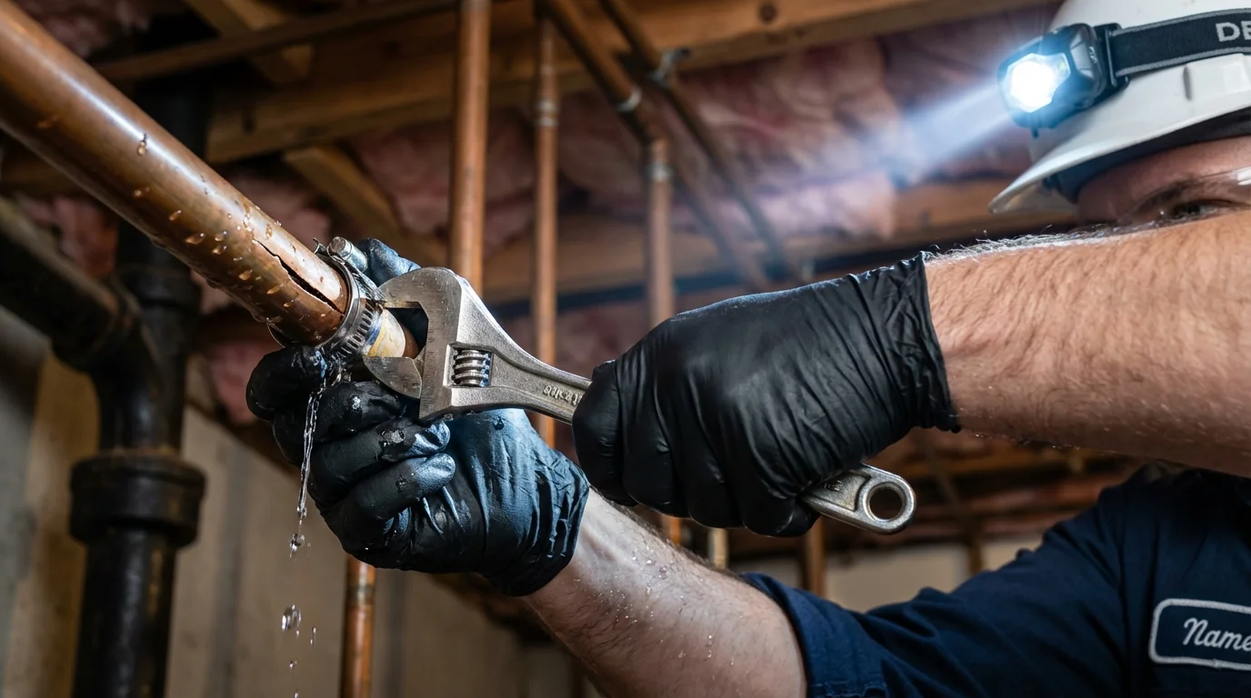 Emergency pipe clamp repair being performed by a Johns Plumbing LLC plumber in Basin