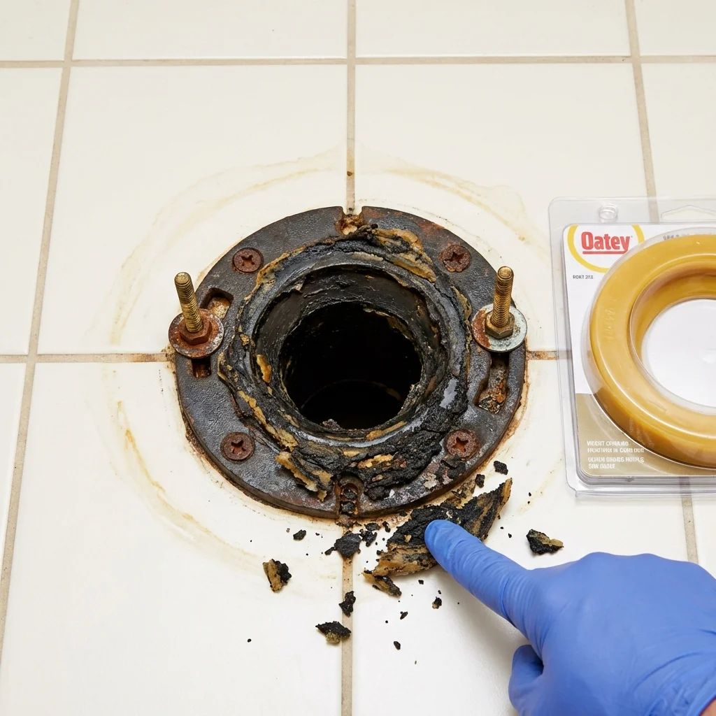 Failed wax ring showing water seepage at the base of a toilet in a Basin, WY home