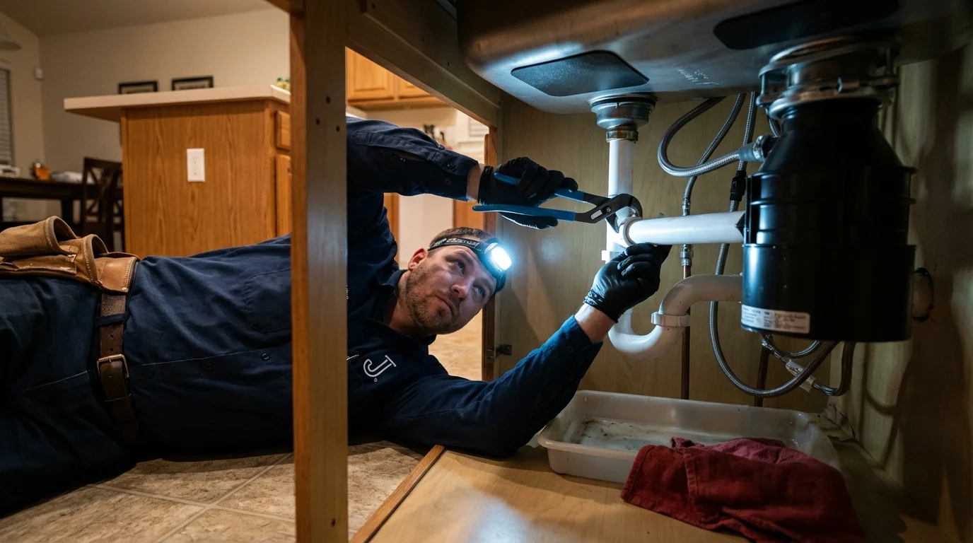 P-trap and supply line connections under a kitchen sink showing a common leak point in Basin, WY